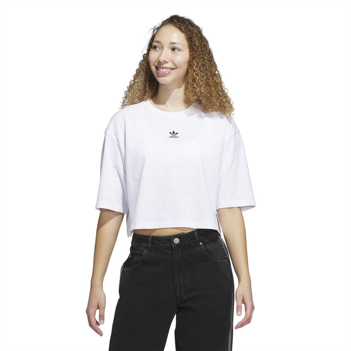 White cropped crew-neck T-shirt with adidas trefoil logo, short sleeves
