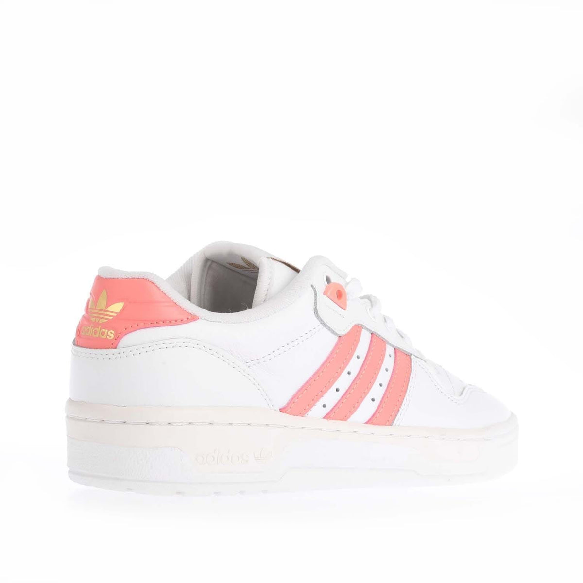 White adidas Rivalry Low sneaker with coral heel tab and trefoil logo