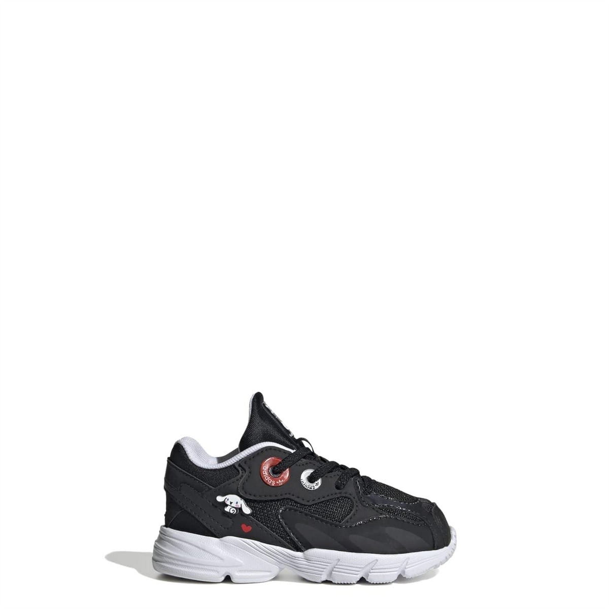 Black low-top trainers with white outsole, lace-up design and side overlays