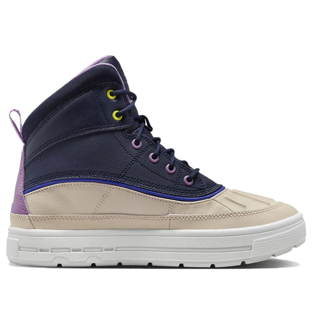 High-top kids' lace-up sneakers in navy with beige panels and purple collar lining