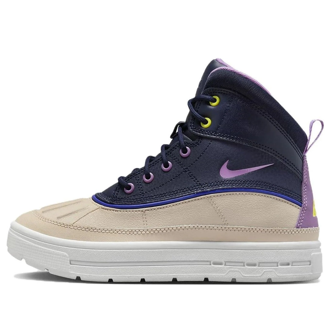 High-top kids' sneakers with navy and beige uppers, purple accents, lace-up