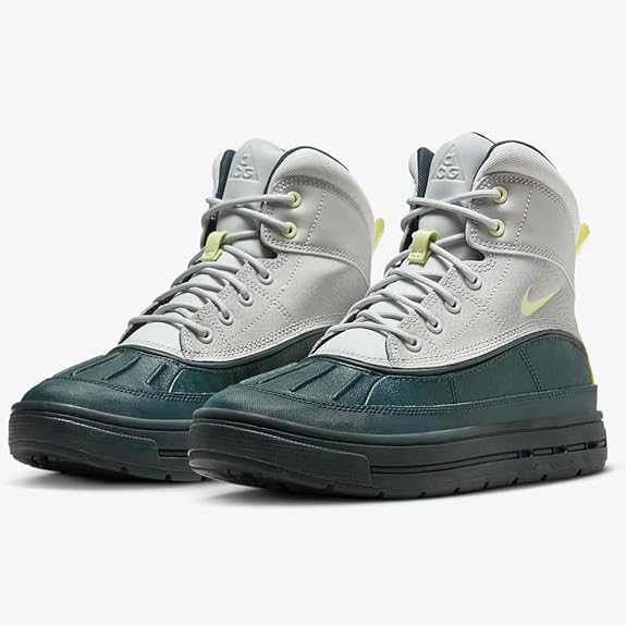 Pair of kids high-top sneakers, gray uppers with green side and toe panels