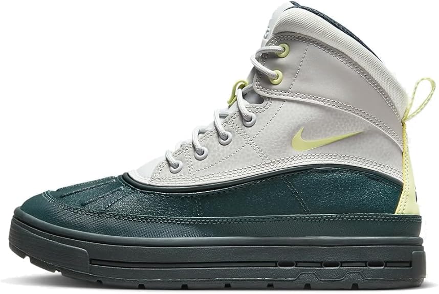 Kids high-top sneakers, light gray upper with green panels and neon lace accents