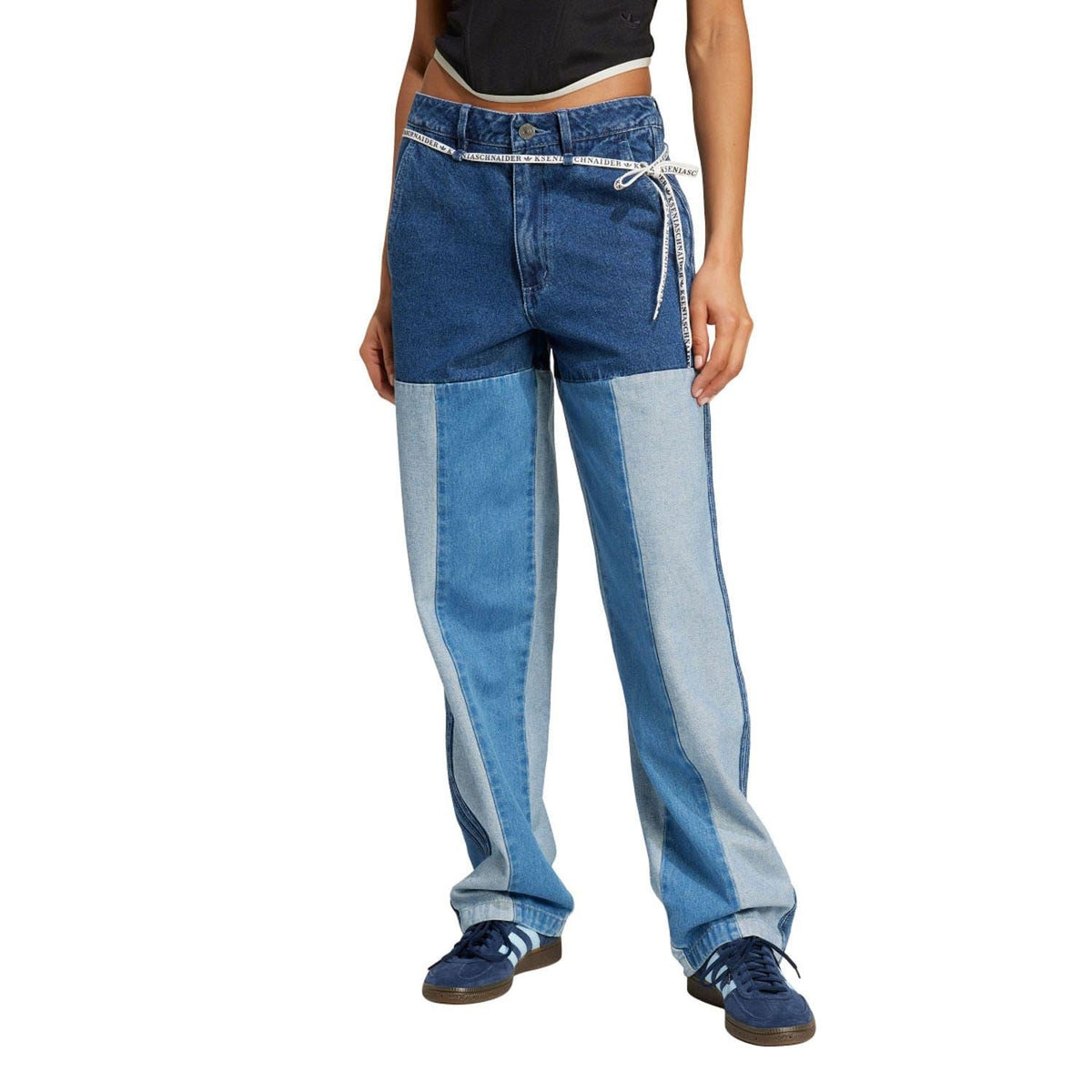 Patchwork straight-leg jeans in mixed blue denim with belt loops and zip fly.