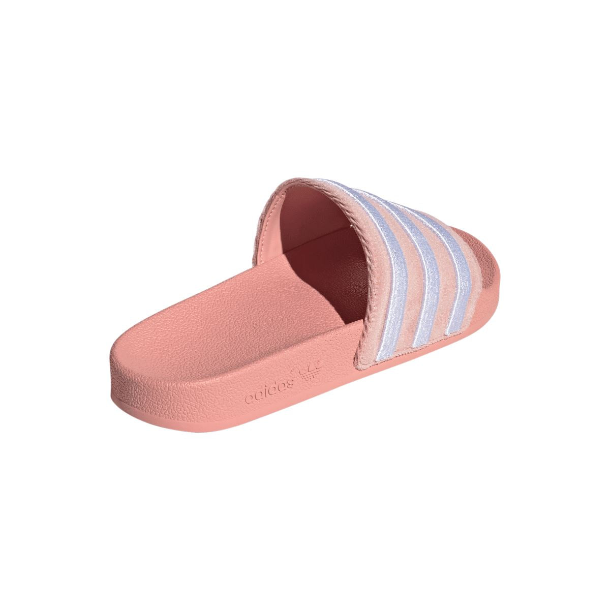 adidas Originals Adilette slide sandals mauve with white three-stripe band, open-top view