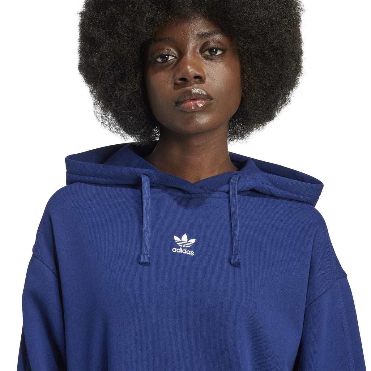 Dark blue adidas Originals hoodie close-up with logo and hood drawstrings