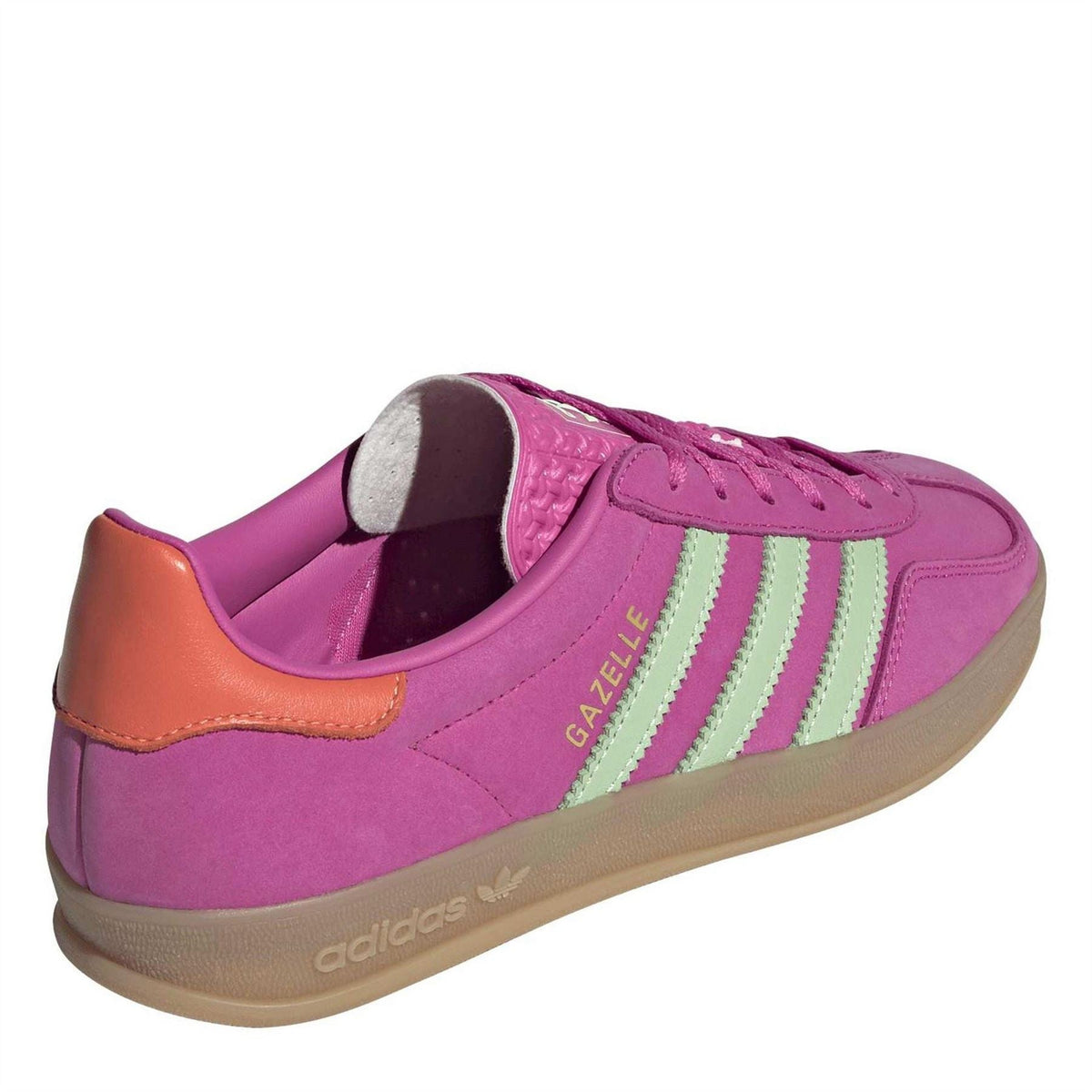 adidas Gazelle Indoor trainers, fuchsia upper with mint stripes and orange trim