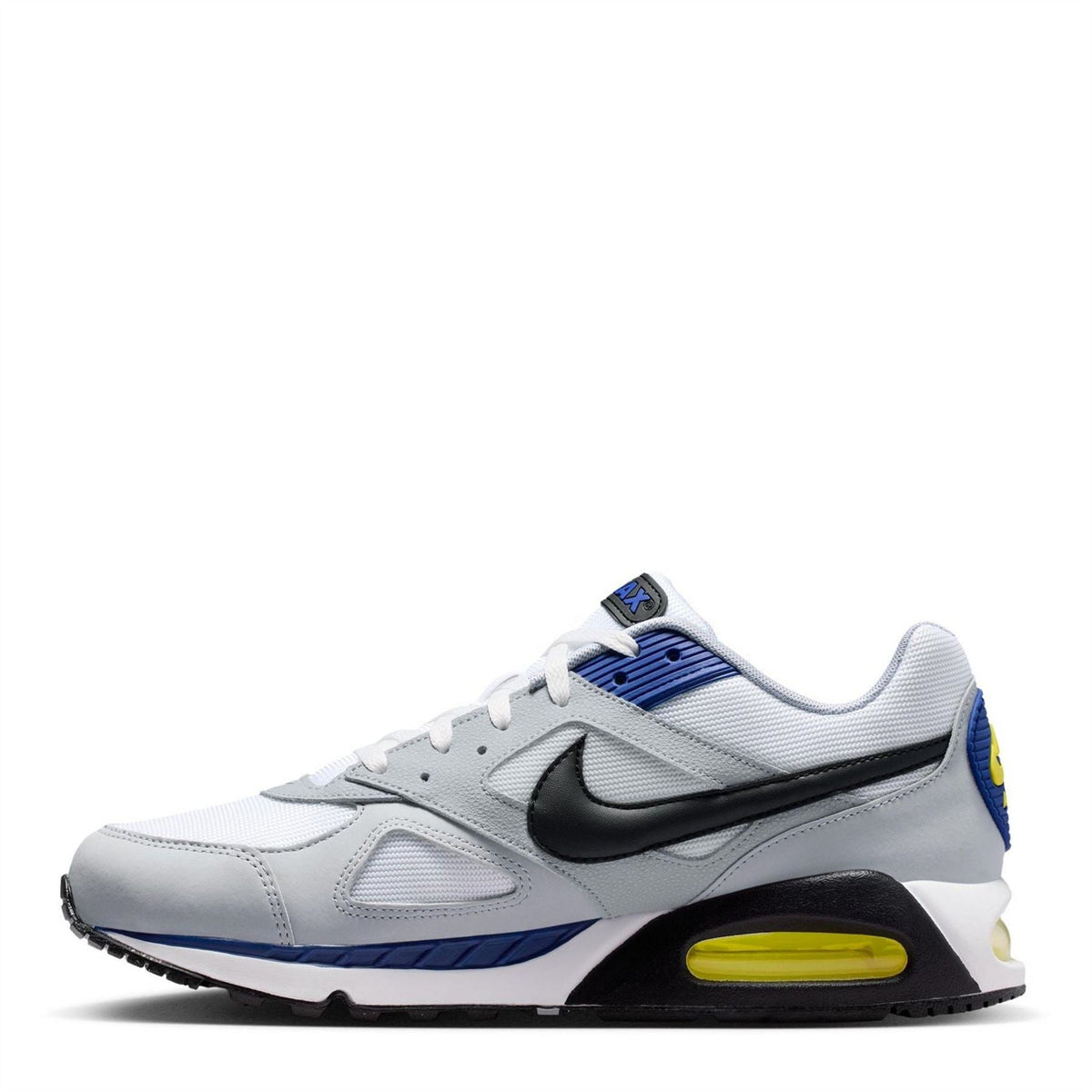Nike Air Max Ivo trainers, light gray with blue overlays, black swoosh, yellow air