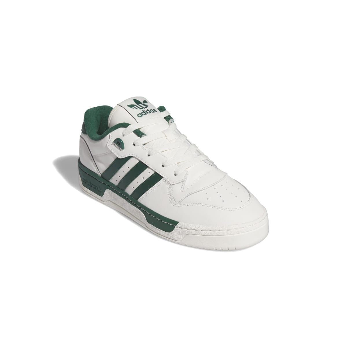 adidas Rivalry Low trainers in white with green suede-style heel tab and stripes