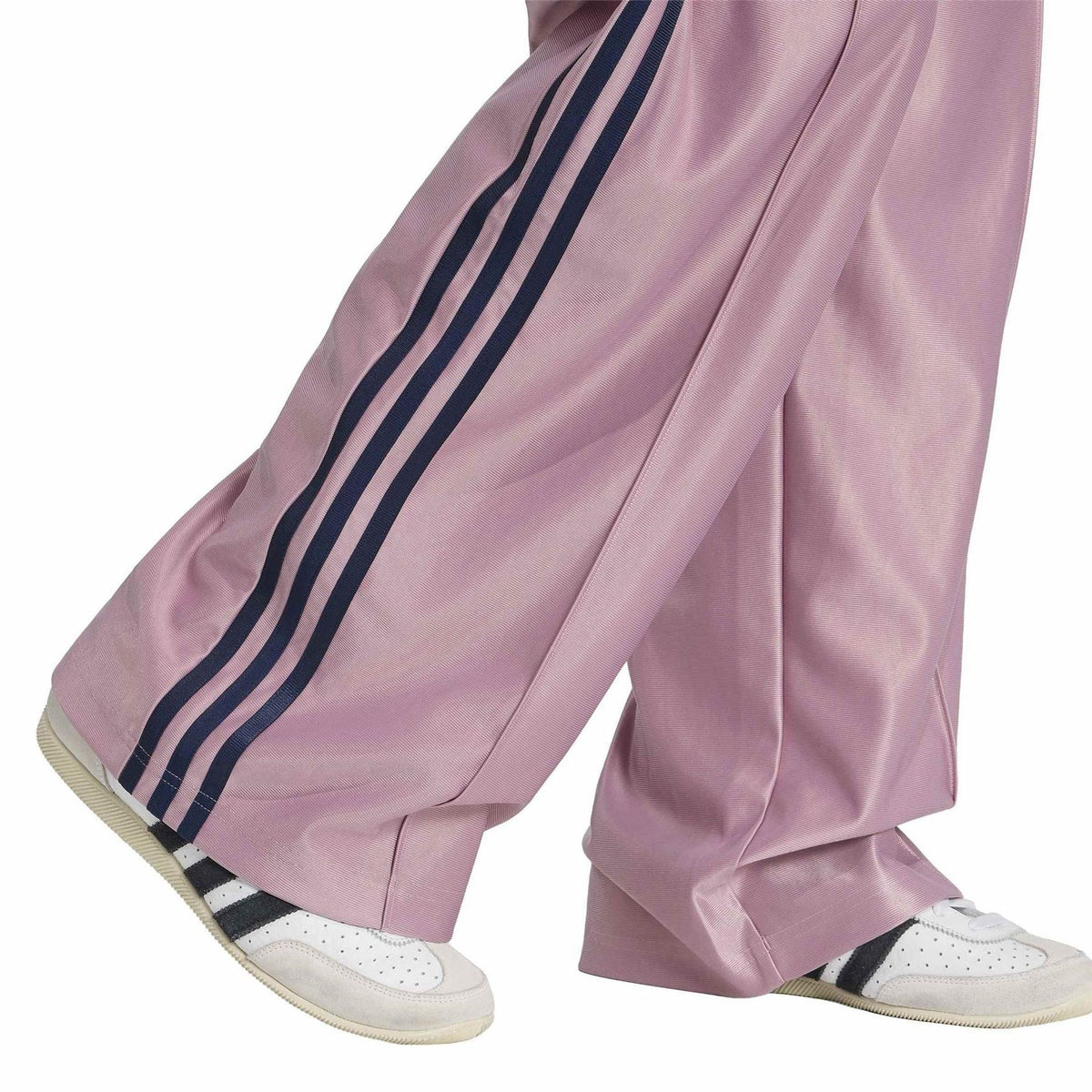 adidas Originals mauve woven joggers with black side stripes and open hem