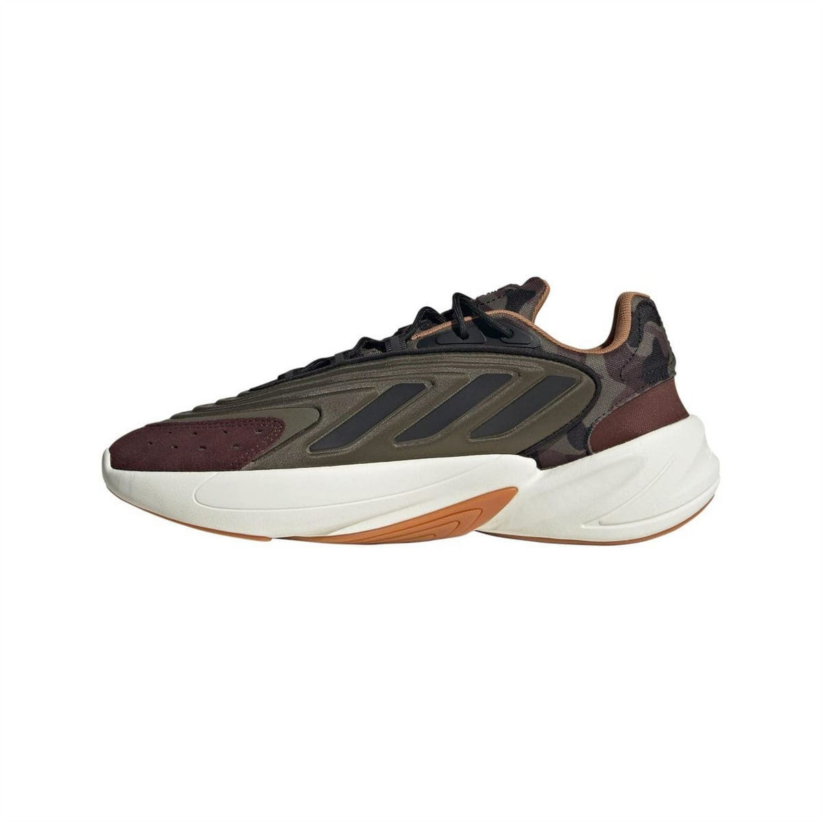Side view of low-top trainers in dark olive and burgundy with chunky white sole