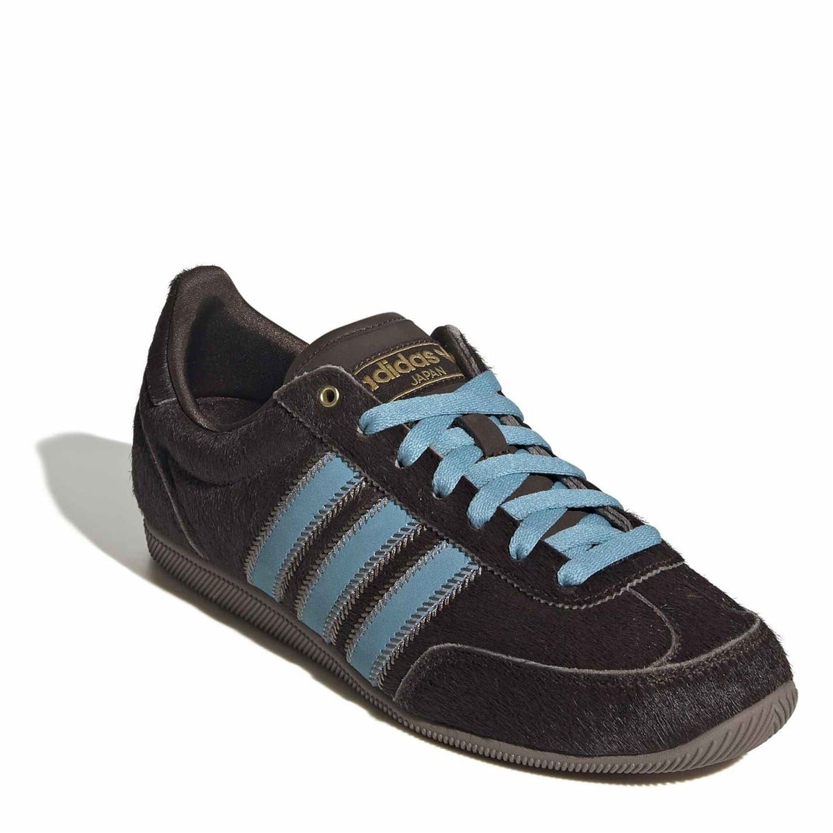adidas Originals Japan sneakers, dark brown suede with light blue laces and white-blue stripes