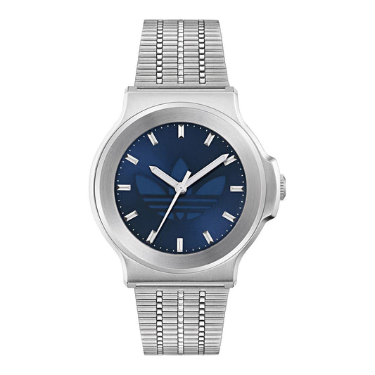 adidas Originals stainless steel analog watch with dark blue dial and mesh strap