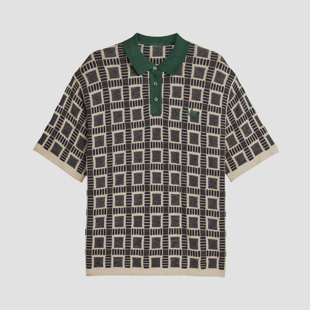 adidas Originals polo shirt in sand with dark geometric pattern and green button placket