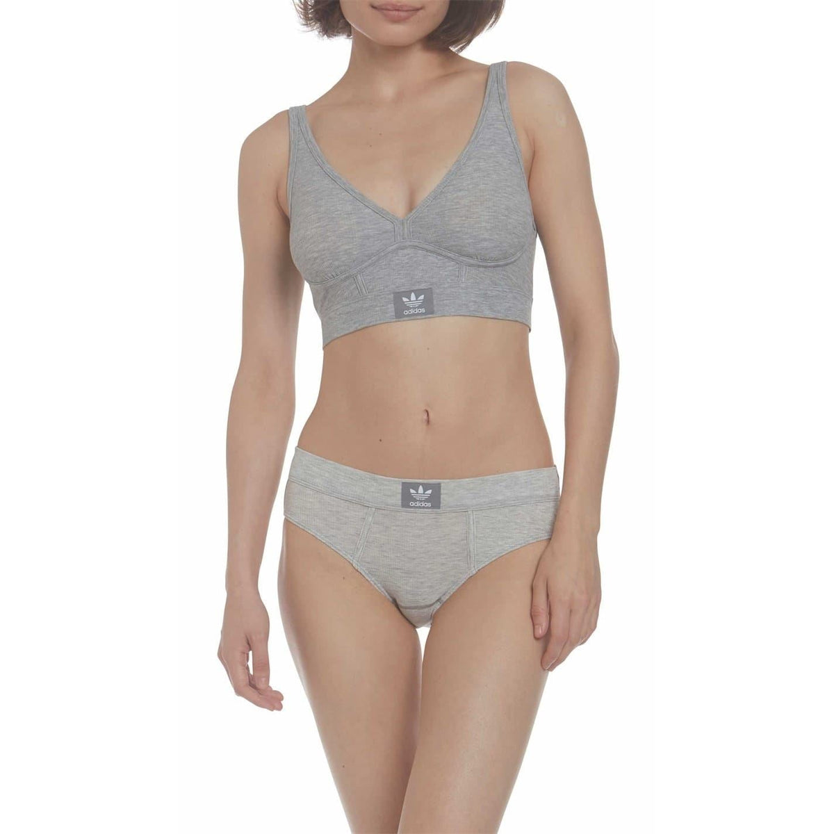 Heather grey V-neck bralette and briefs, front set with adidas logo