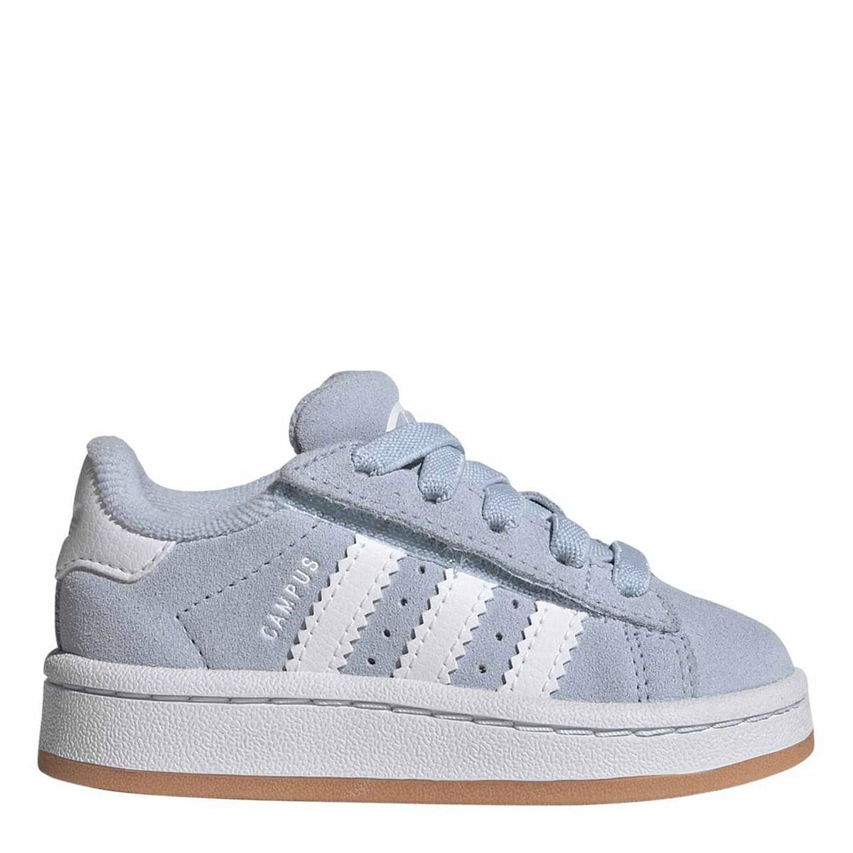 Infants’ light blue low-top sneakers with three hook-and-loop style stripes and laces
