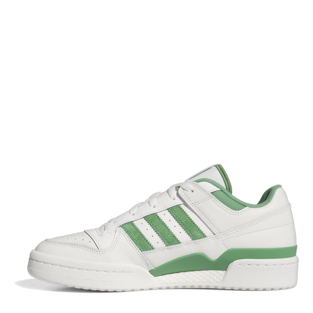 White and green adidas Originals low-top sneakers with three side stripes