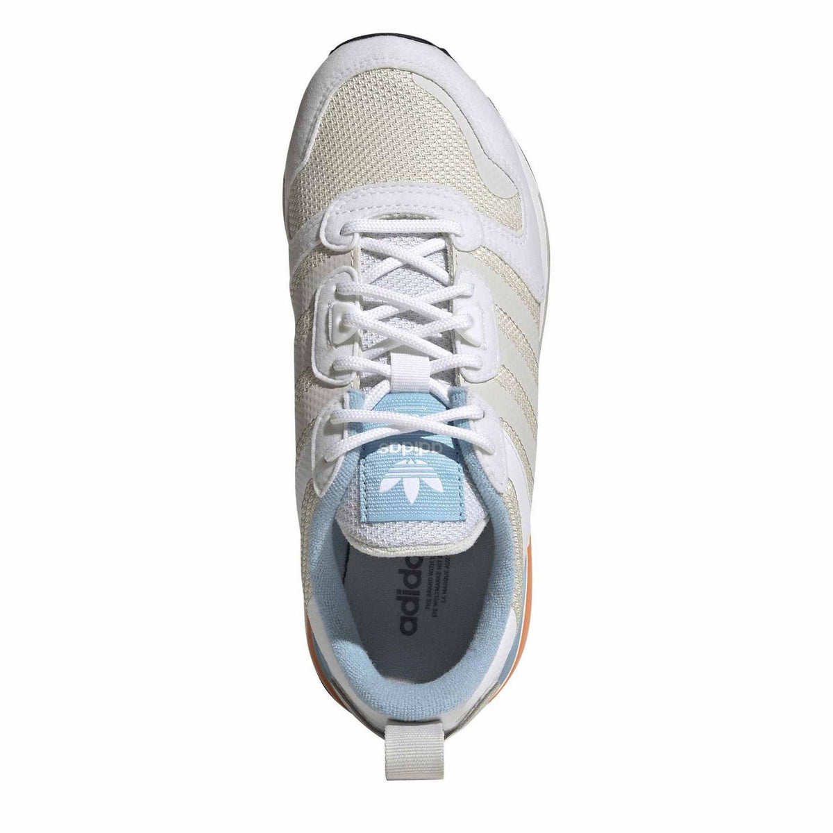 adidas Originals ZX 700 HD sneaker tongue and laces, white with light blue lining