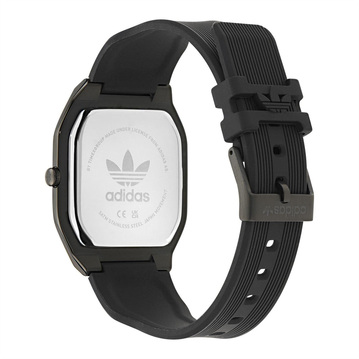 adidas Originals SN71 watch with black square face, white dial, and black ribbed strap