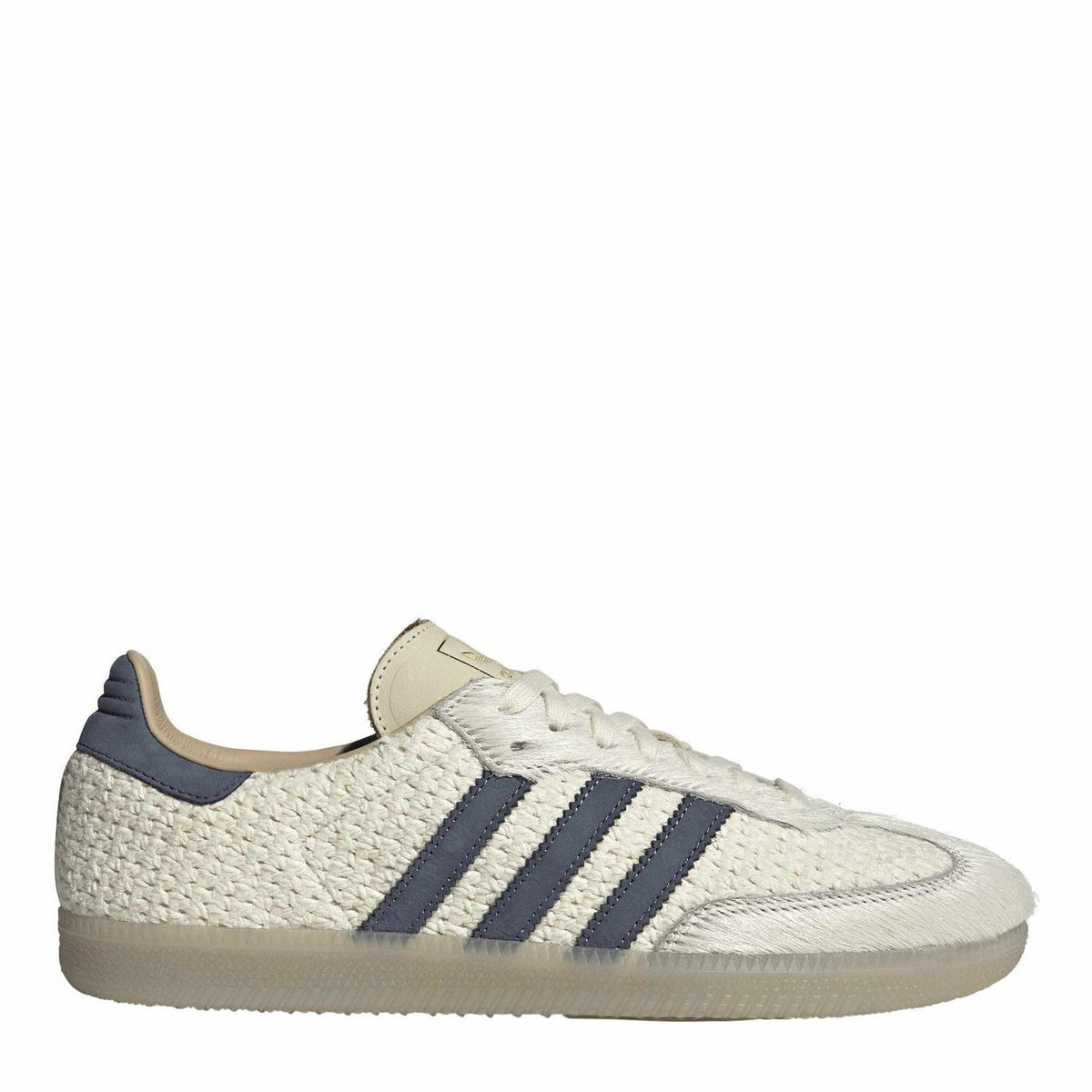 Cream woven lace-up sneakers with navy striped details and low-profile rubber sole