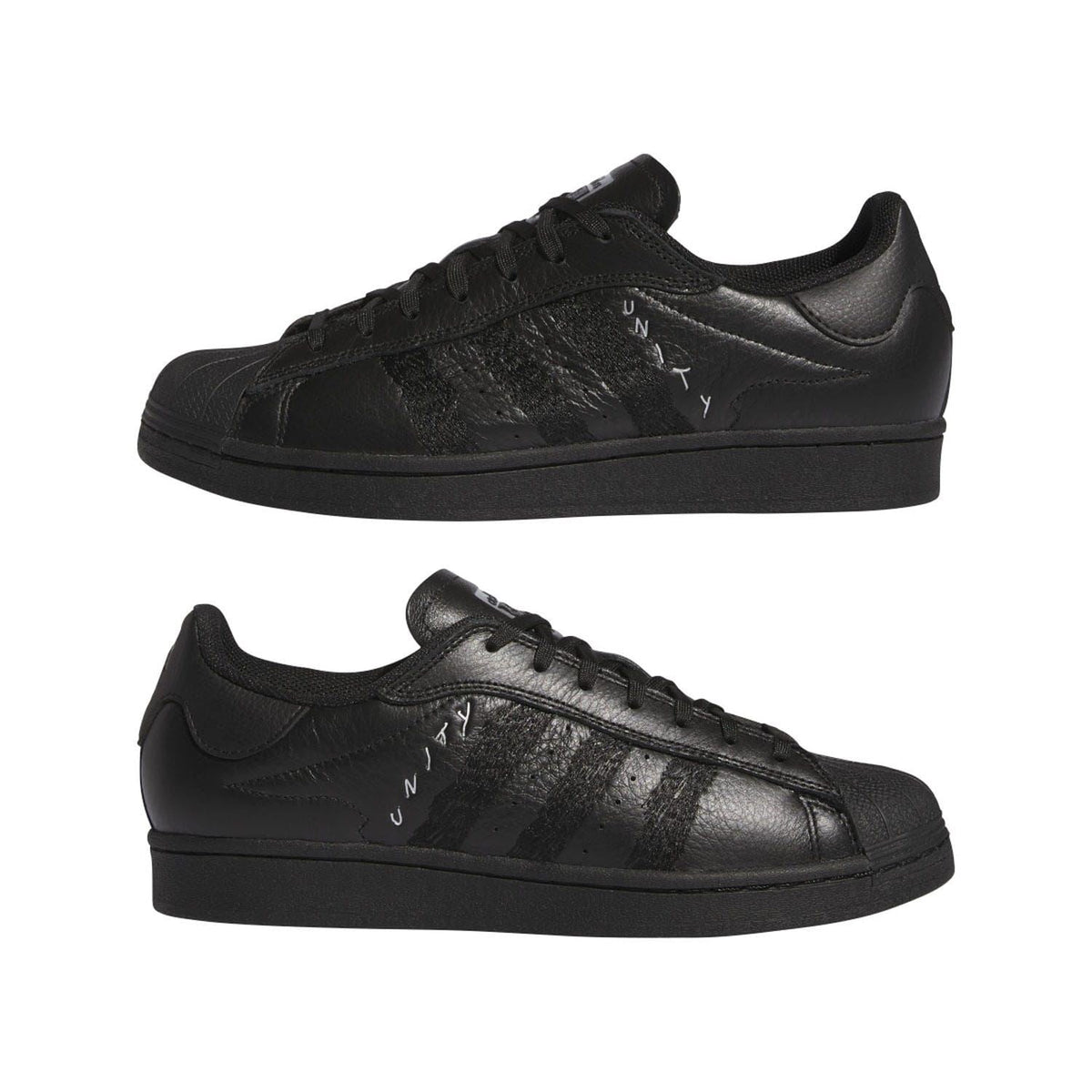 Pair of black low-top lace-up trainers, side and front views