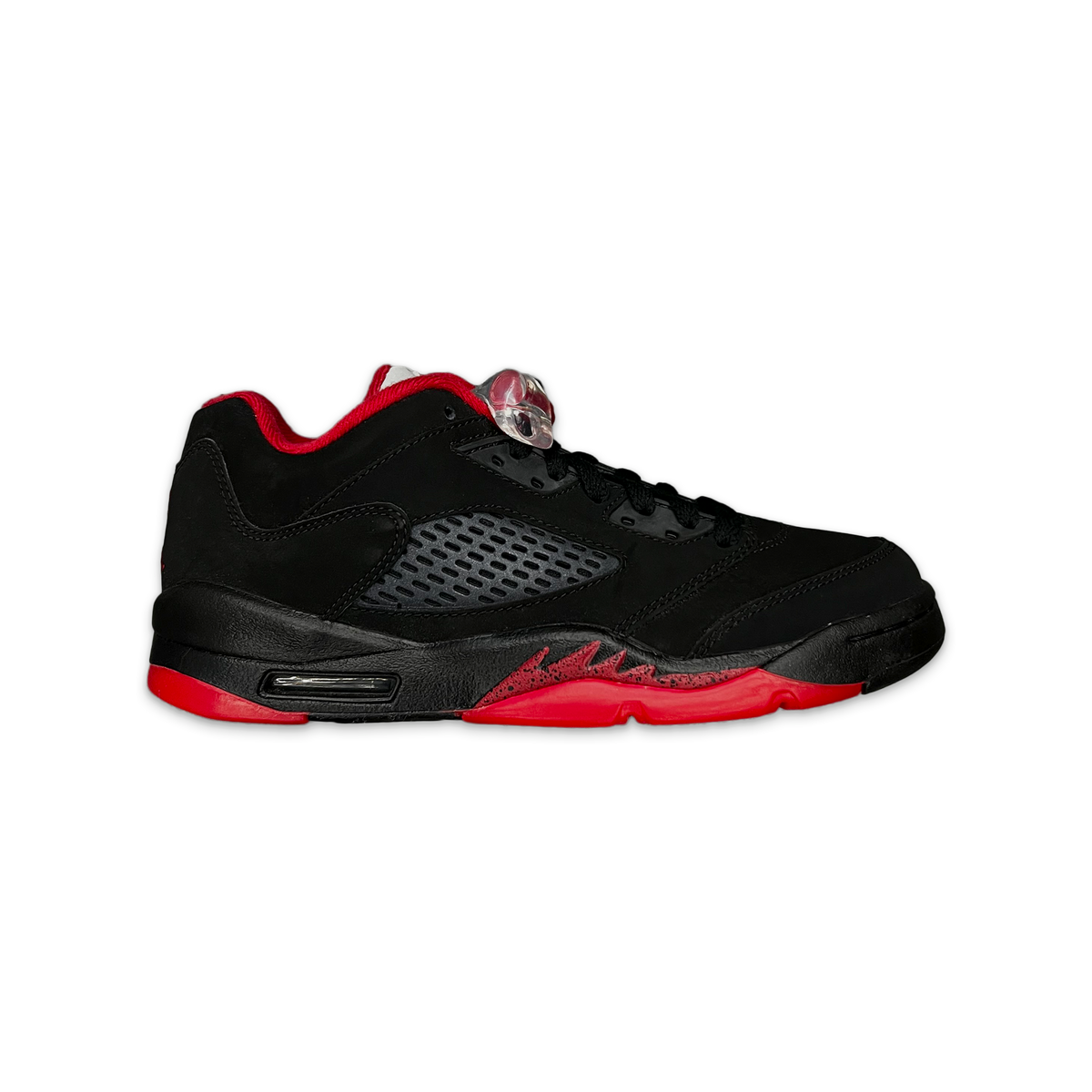 Air Jordan 5 Retro Low GS sneakers, black upper with red accents and lace-up design