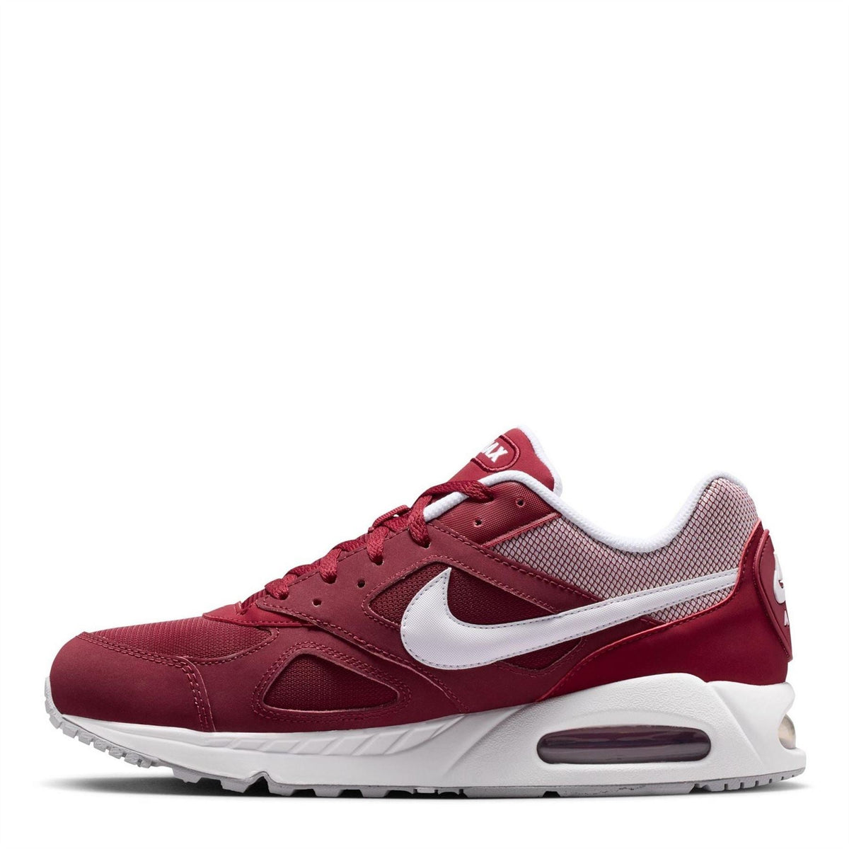 Red Nike Air Max trainer with white swoosh and Air unit, lace-up design