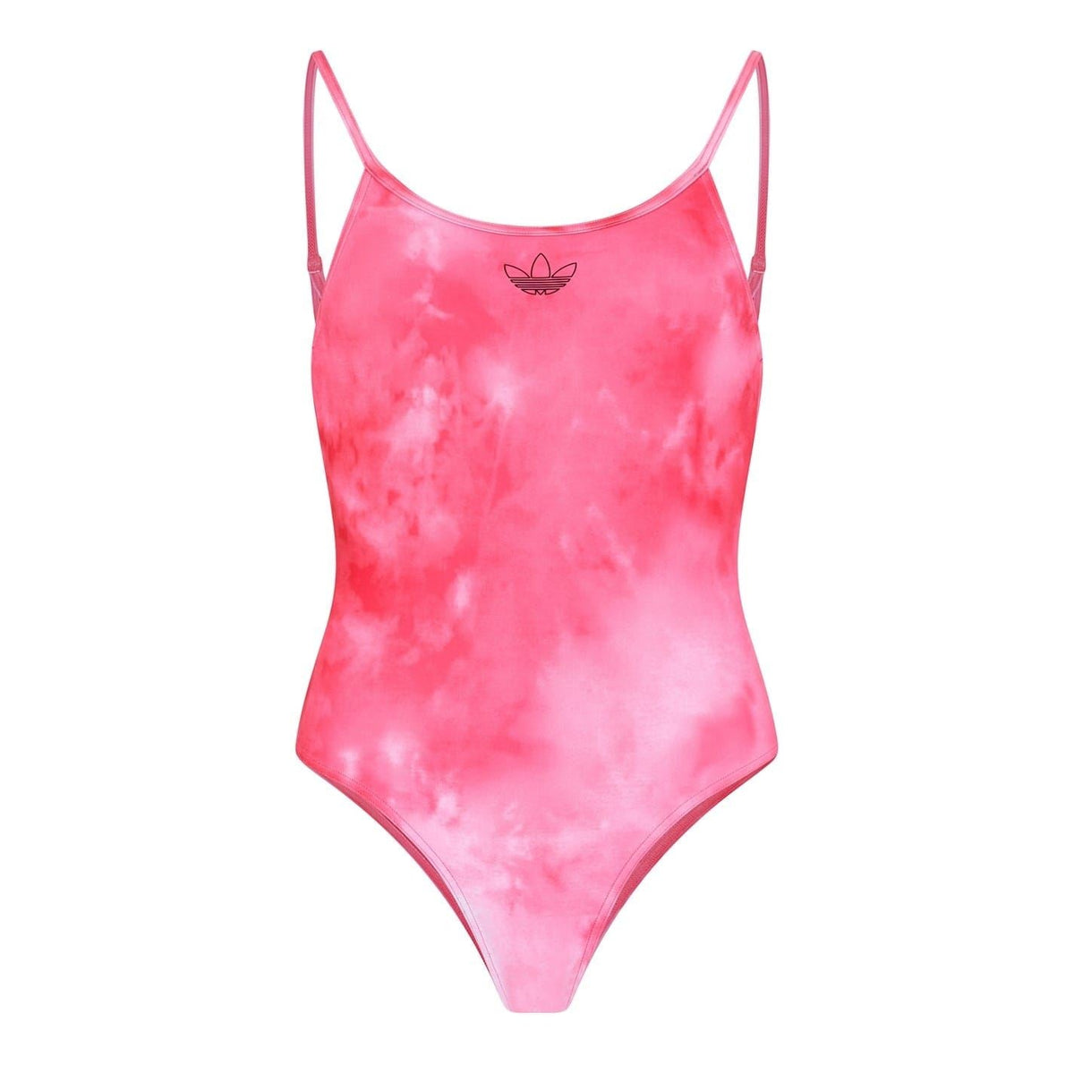 Pink tie-dye one-piece swimsuit with thin straps and scoop back, Adidas logo