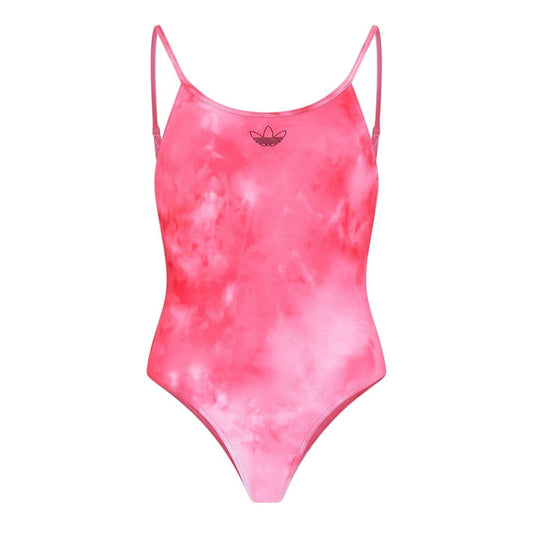 Pink tie-dye one-piece swimsuit with thin straps and scoop back, Adidas logo