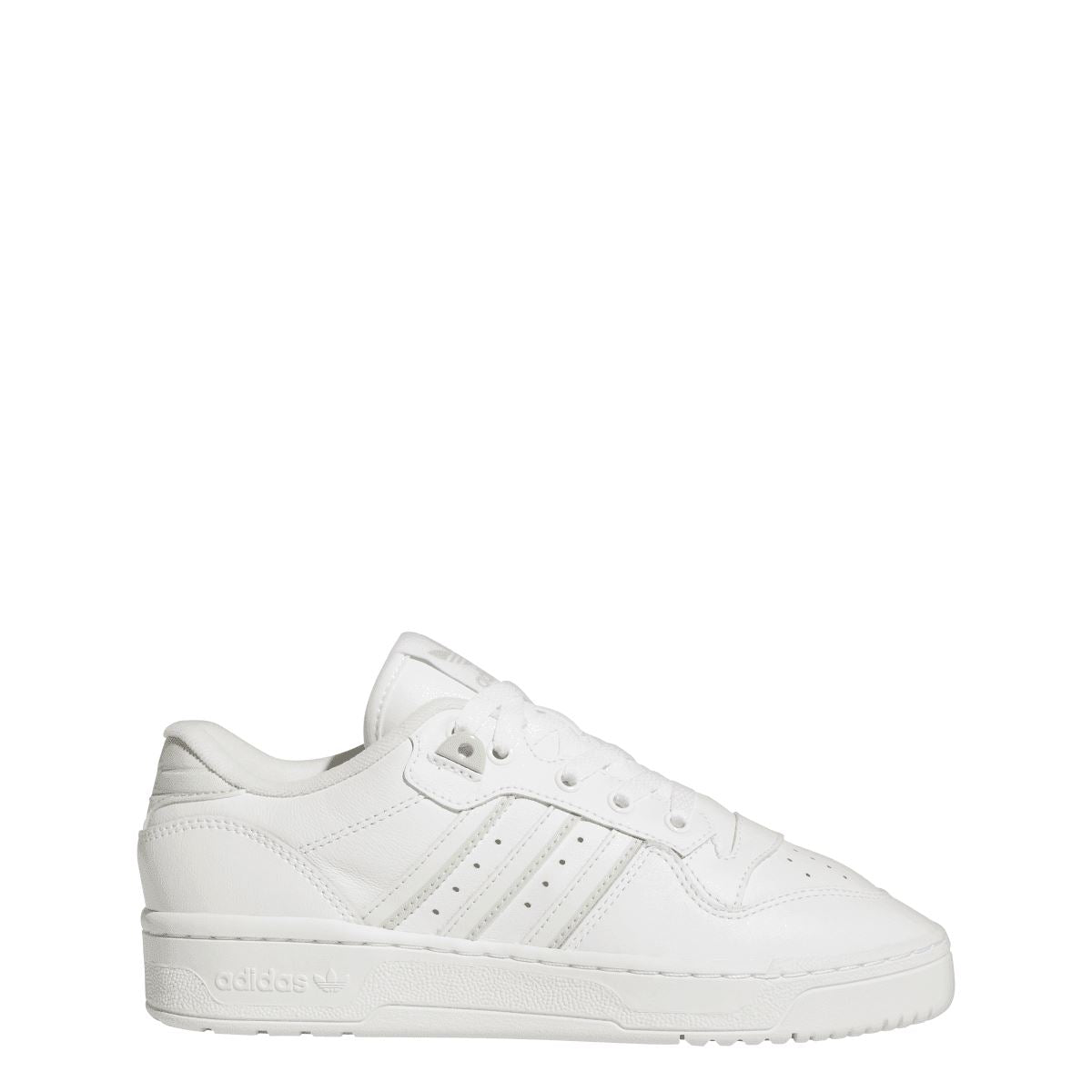 White low-top lace-up trainers with three-stripe side detailing and cushioned sole