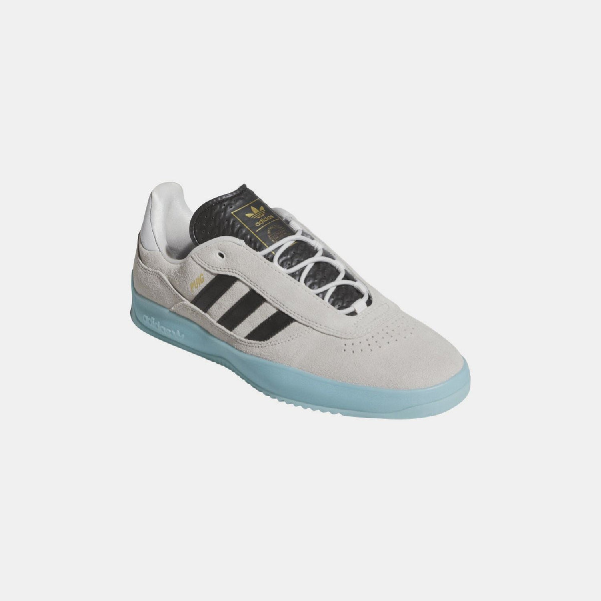 White lace-up trainers with black stripes, light blue sole, and black heel lining.