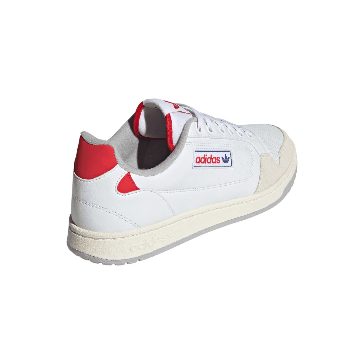 White adidas Originals NY 90 trainer rear 3/4 view with red heel detail