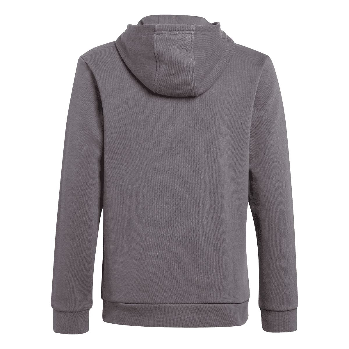 Grey junior hoodie, back view, with hood and kangaroo pocket, adidas logo print