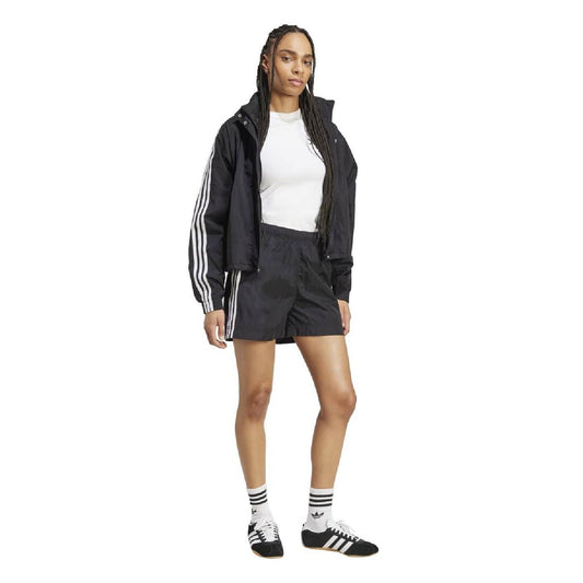 Black woven shorts with white side 3-Stripe tape, elastic waist, and logo.