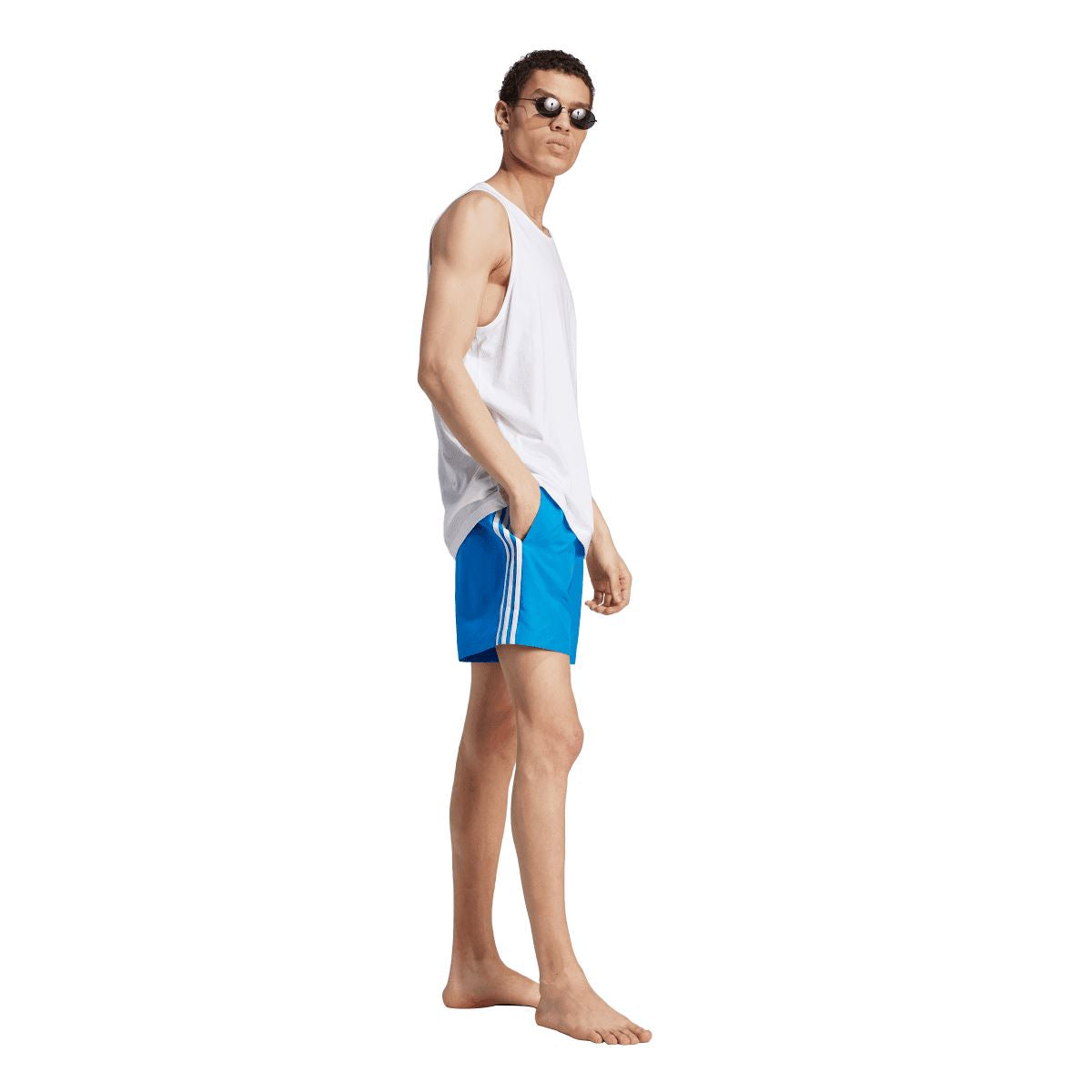 Blue adidas swim shorts with straight cut and three white side stripes