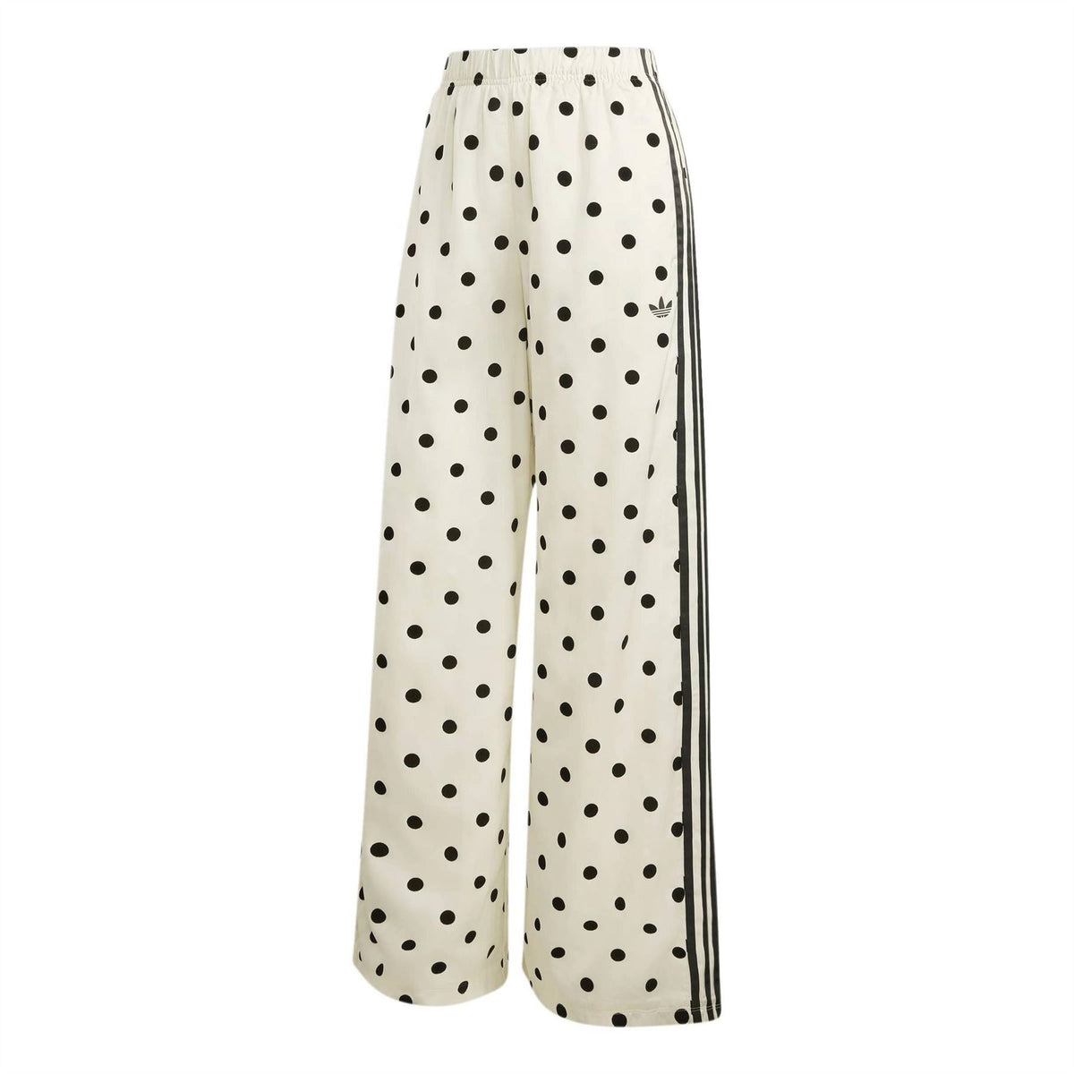 Wide-leg elastic-waist pants in off-white with black polka dots and side stripe trims