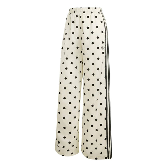 Wide-leg elastic-waist pants in off-white with black polka dots and side stripe trims