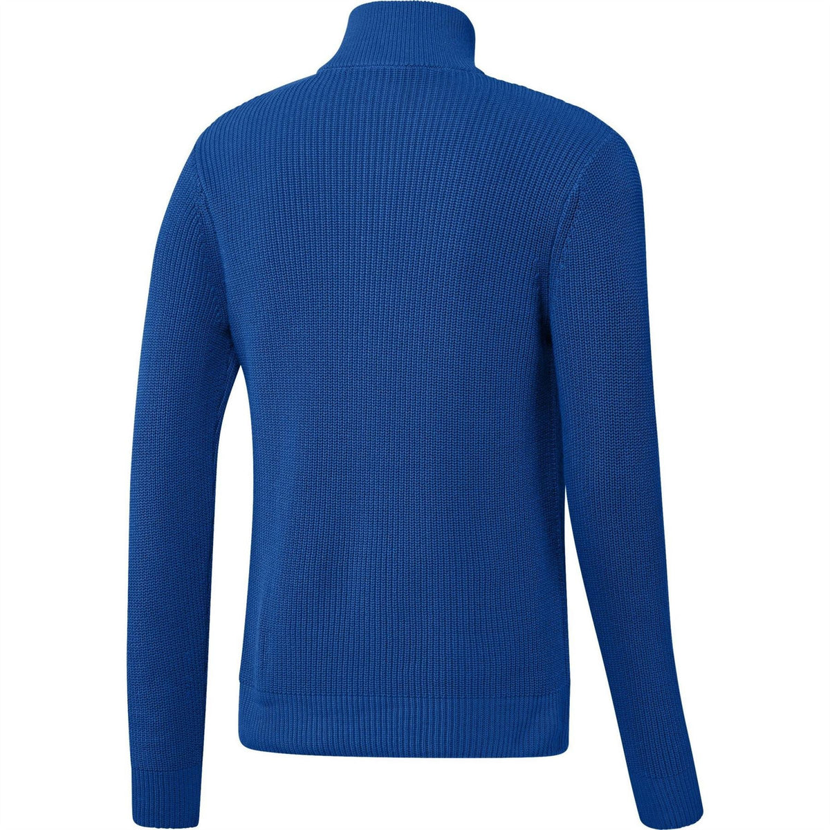 Blue knit funnel-neck half-zip sweater, long sleeves, ribbed cuffs and hem