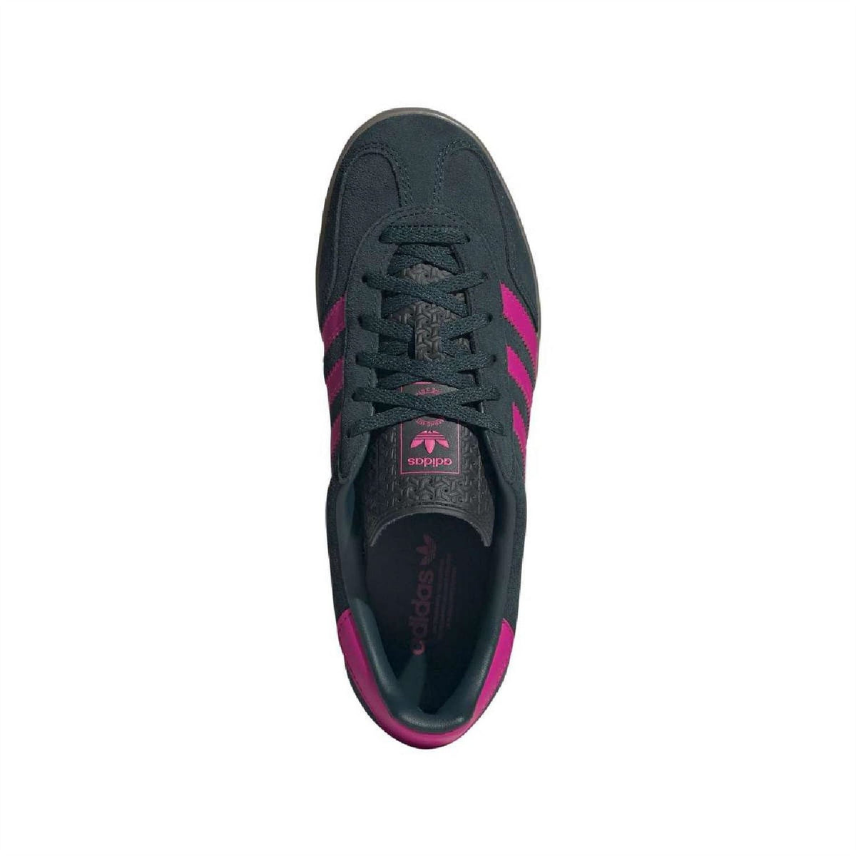 adidas Gazelle indoor trainers top view with black laces and magenta heel accents