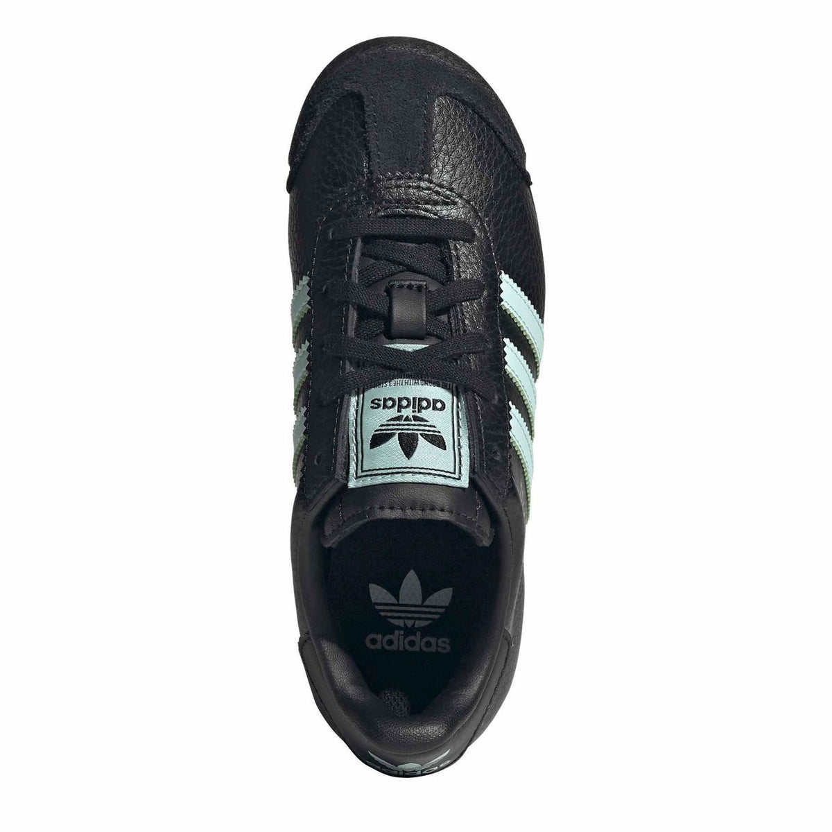 Black low-top sneakers, top view with adidas tongue and heel logos