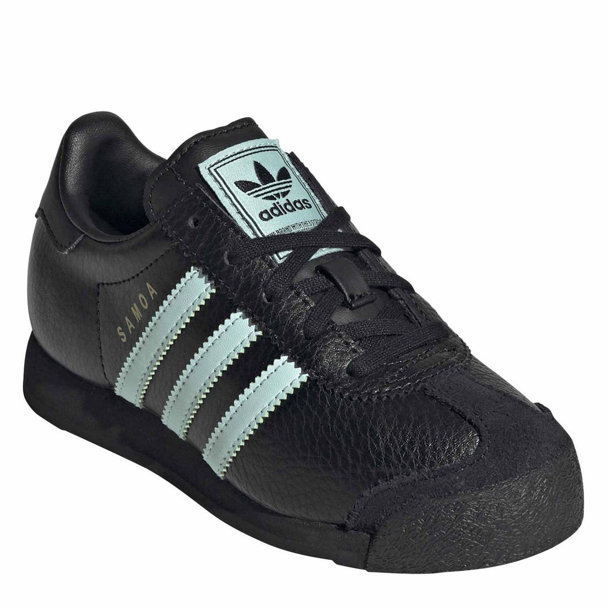 Black low-top sneakers with mint stripes and adidas tongue logo patch