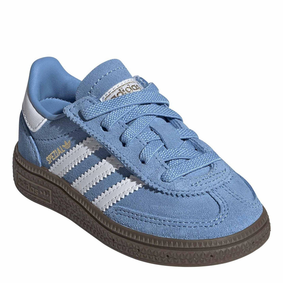 Light blue adidas sneakers with white triple stripes, lace-up, brown gum sole