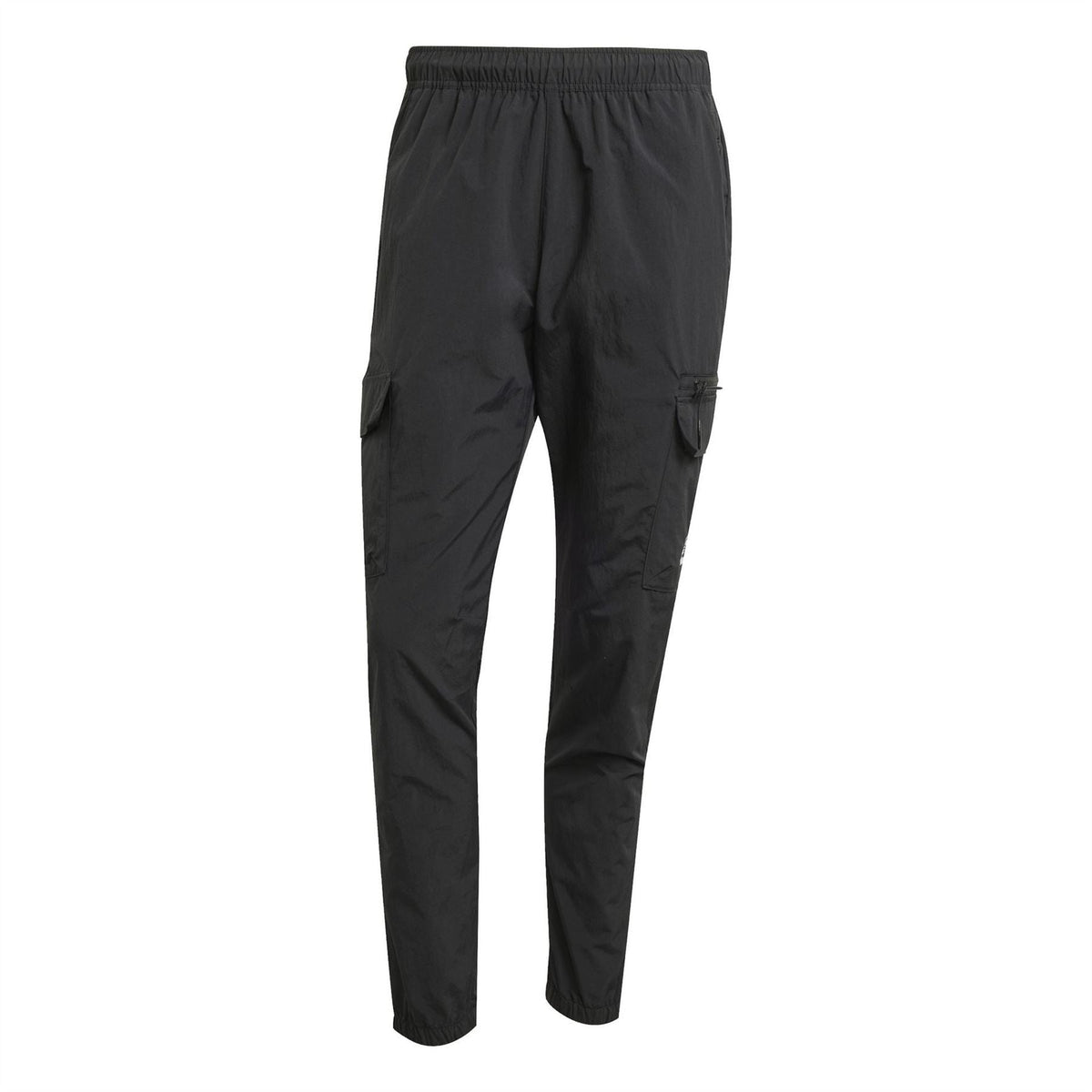 Black cargo pants with elastic waistband and side utility pockets