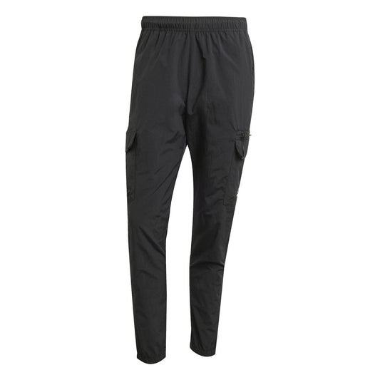 Black cargo pants with elastic waistband and side utility pockets