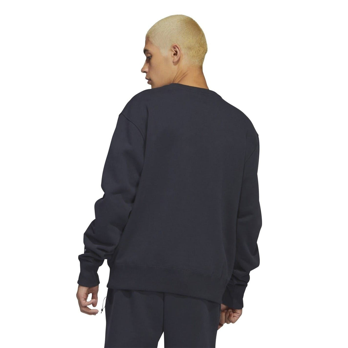 Dark navy crewneck sweatshirt shown from the back, relaxed fit with ribbed cuffs.