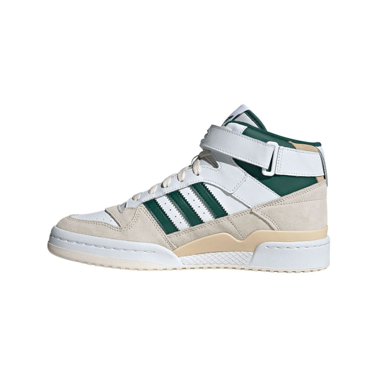 White adidas mid-top sneakers with green triple stripes and beige suede panels