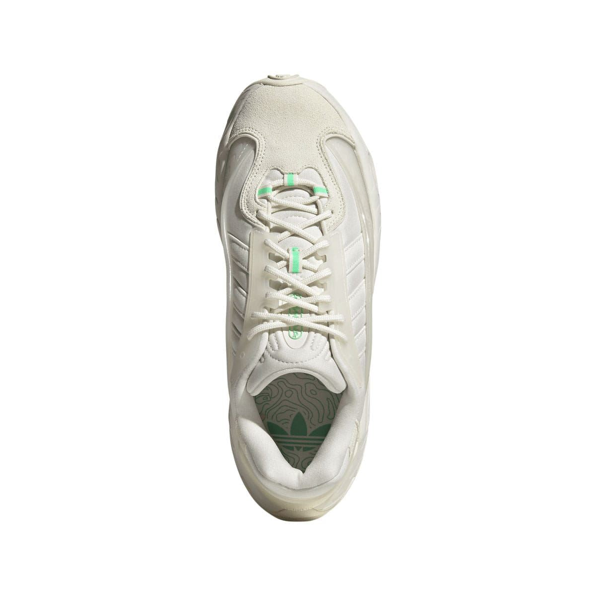 Off-white adidas Oznova trainers heel and lace area with green accent stitching
