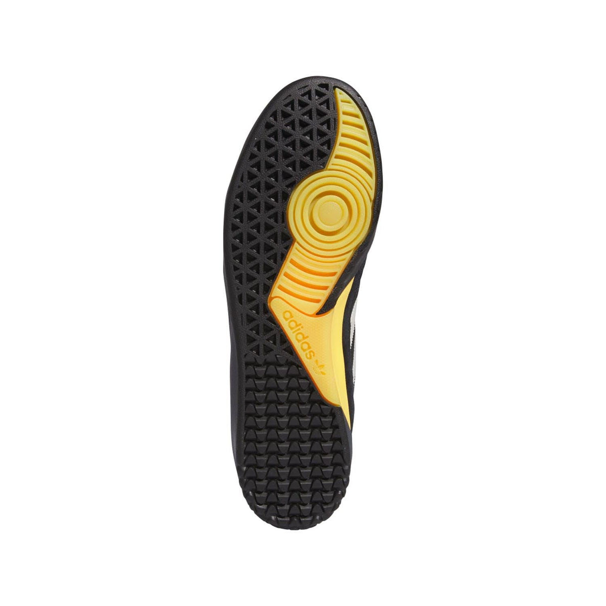 Black outsole with textured tread and yellow edge detail on adidas trainers
