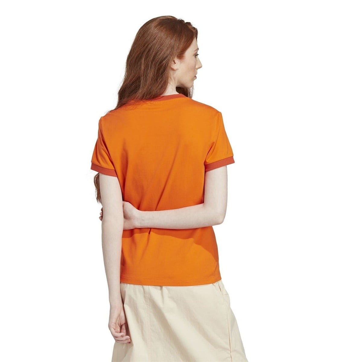 Orange short-sleeve crewneck T-shirt, back view with straight hem