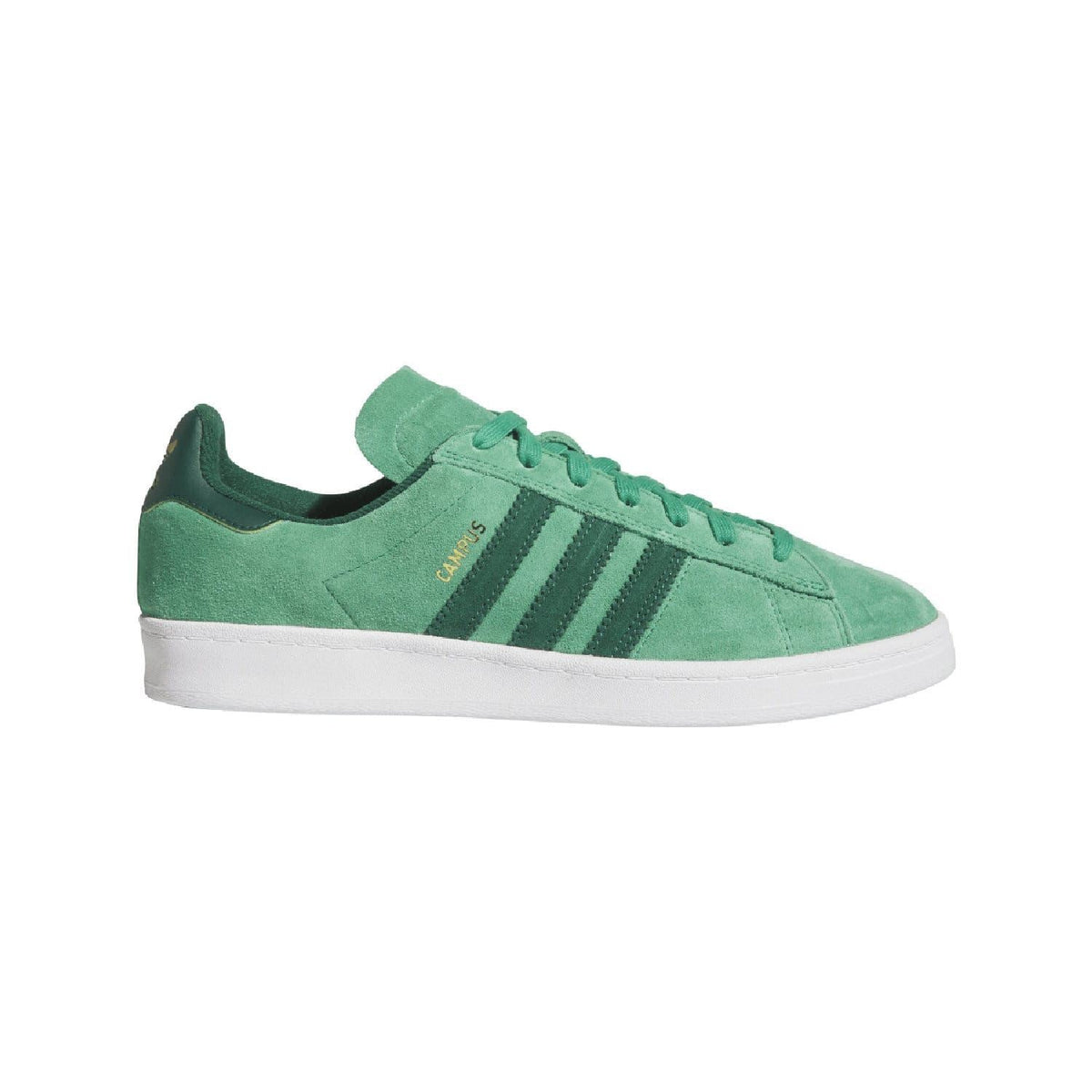 Green low-top suede trainers with lace-up front and three stripe detail
